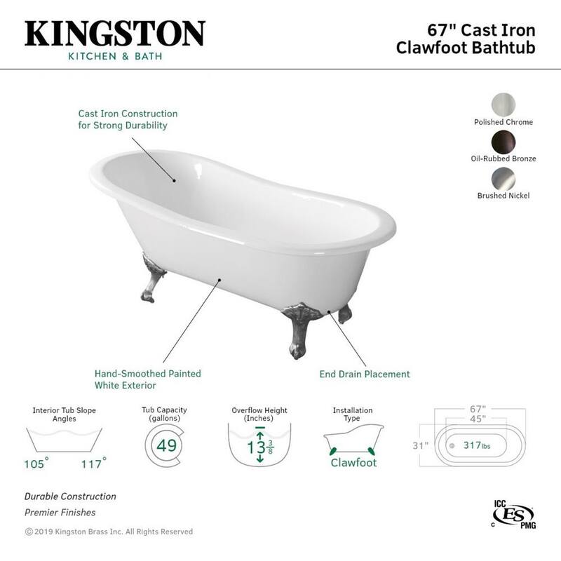 67 in. Cast Iron Single Slipper Clawfoot Bathtub in White with Feet in Oil Rubbed Bronze