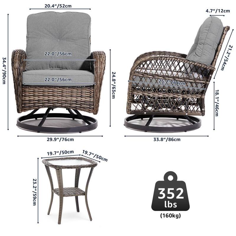 3-Piece Wicker Patio Conversation Set with Gray Cushions