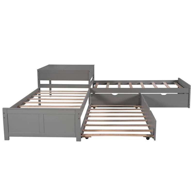 117.60 in Width Gray L-shaped Twin Size Platform Bed with Trundle and Drawers Linked with built-in Desk