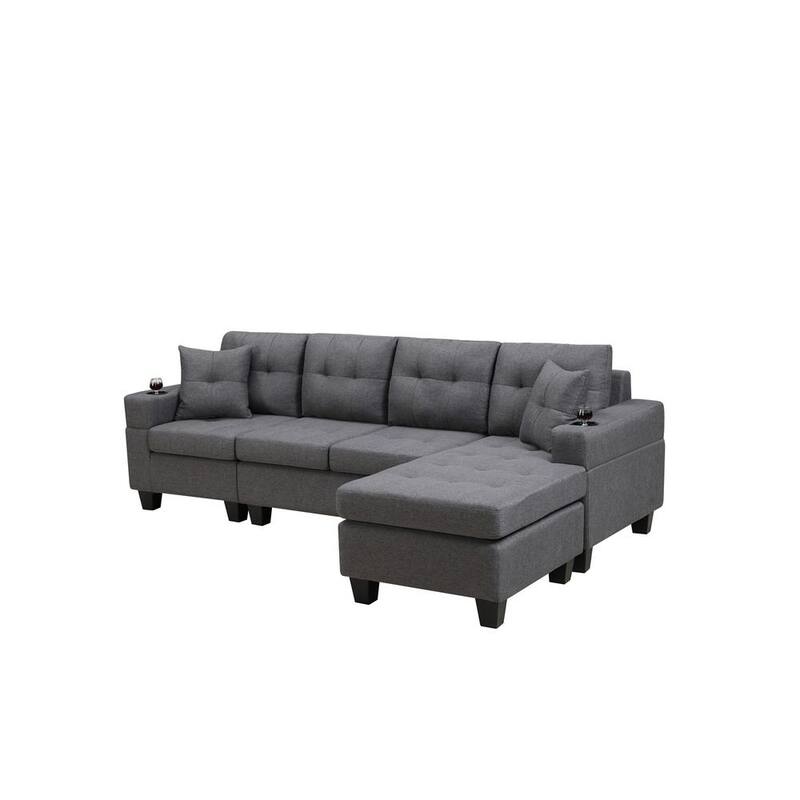 96 in W Square Arms L Shaped polyester fabric Sectional Sofa in Gray