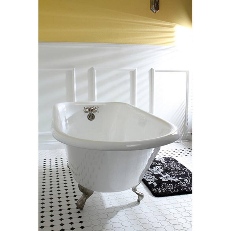 60 in. Cast Iron Brushed Nickel Roll Top Clawfoot Bathtub with 3-3/8 in. Centers in White