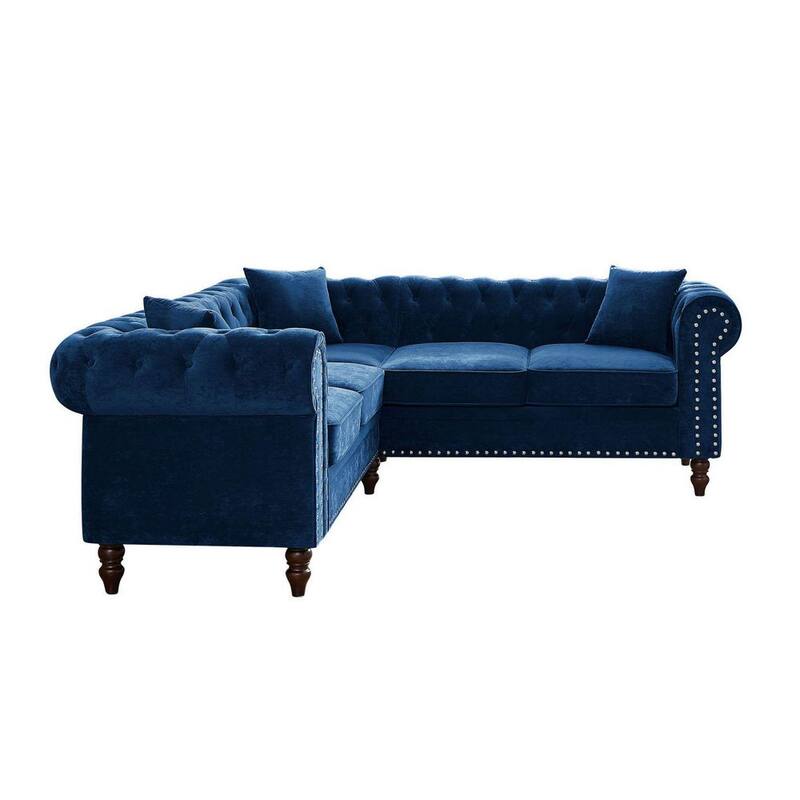 80 in. Rolled Arm Velvet Tufted L Shaped Sofa in Blue with Nailhead Trim and Removable Cushions