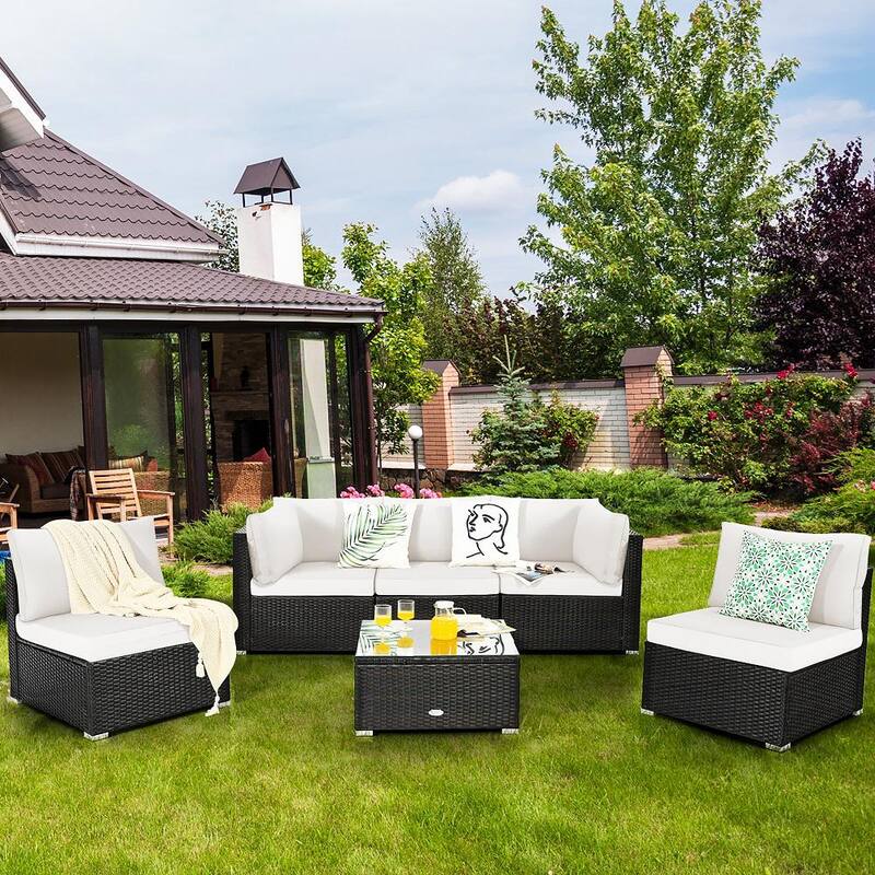 6-Piece Patio Rattan Furniture Set Sofa Coffee Table Garden with White Cushions