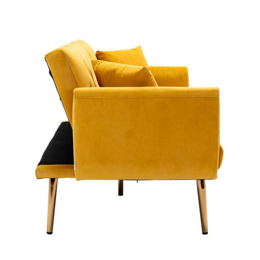 63.7 in Wide Mustard Yellow Velvet Upholstered 2-Seater Convertible Sofa Bed with Golden Metal Legs