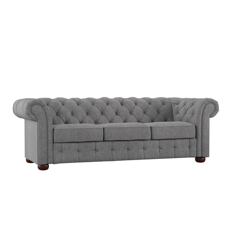 91.5 Rolled Arm Fabric Straight Chesterfield Sofa in Gray Tufted