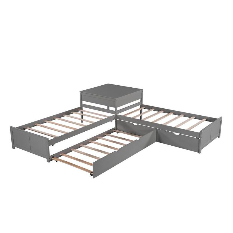 117.60 in Width Gray L-shaped Twin Size Platform Bed with Trundle and Drawers Linked with built-in Desk