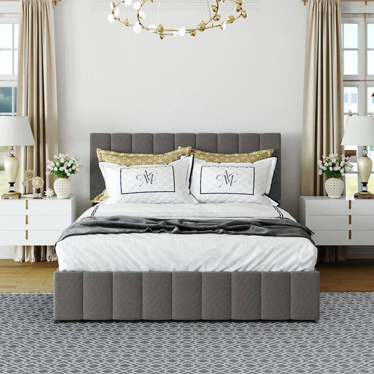 83 in.W Gray Queen Size Upholstered Platform Bed with Storage Underneath Wooden Bed Frame with Hydraulic Storage System