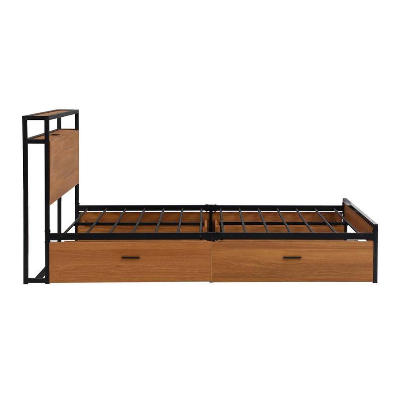 82.3 in. W Black Full Size Metal Frame Platform Bed with Four Drawers Sockets and USB Ports