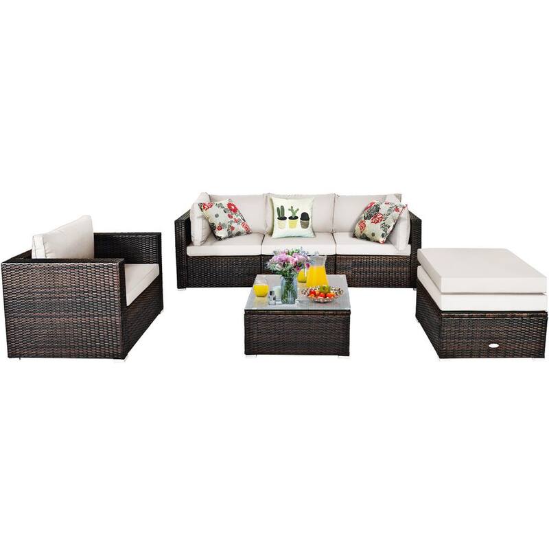 6-Piece Wicker Patio Conversation Set Sofa Chair Ottoman with White Cushions