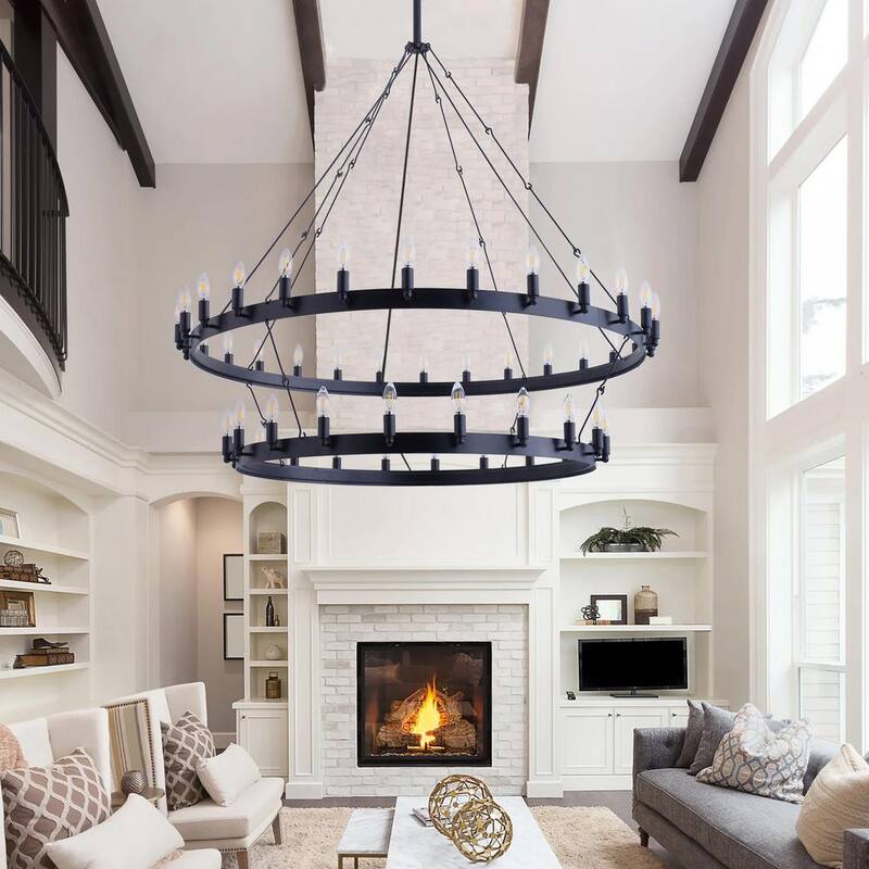 55.1 in. 48-Light Farmhouse Black 2-Tier Wagon Wheel Candle Chandelier Round Industrial Pendant Lighting