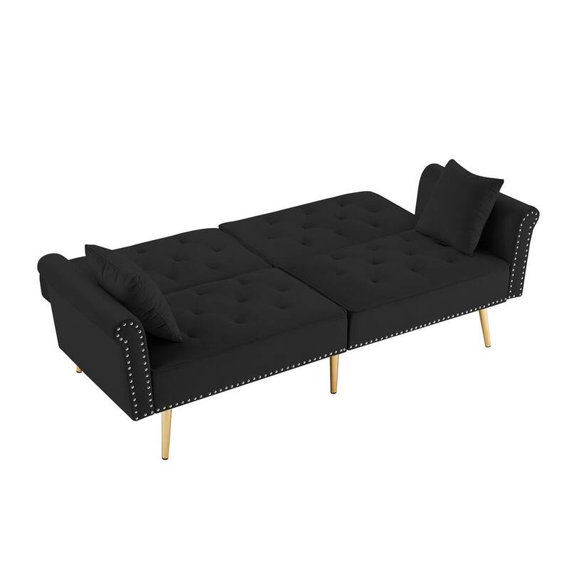 76.7 in. W Black Velvet Twin Size Sofa Bed with 2-Pillows and Nailhead Trim Loveseat Sofa Futon