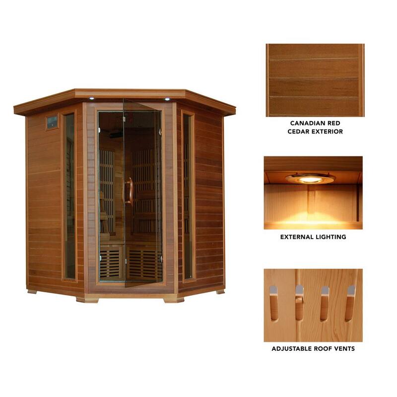 4-Person Cedar Corner Infrared Sauna with 10 Carbon Heaters