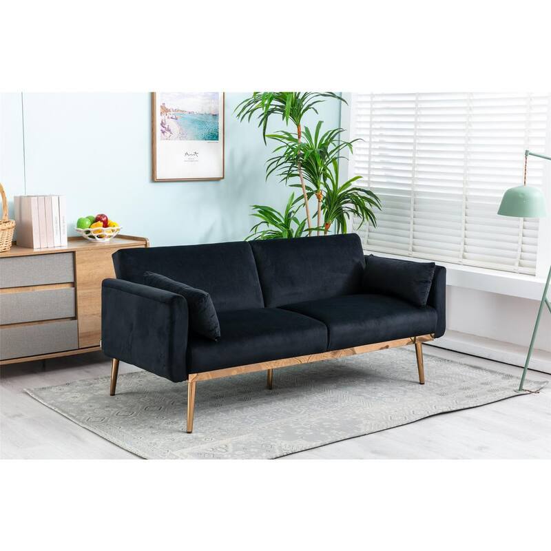 68.5 in. Wide Black Velvet Twin Size Sofa Bed Loveseat with Metal Feet