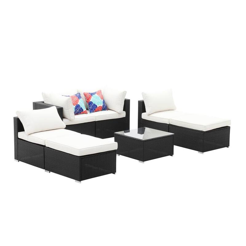 7-Piece Rattan Patio Conversation Set with White Cushions