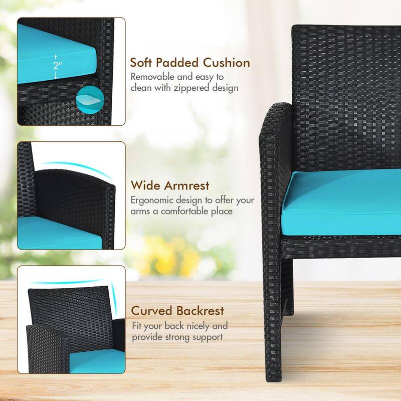 4-Piece Wicker Patio Conversation Set with 3 Turquoise Cushions