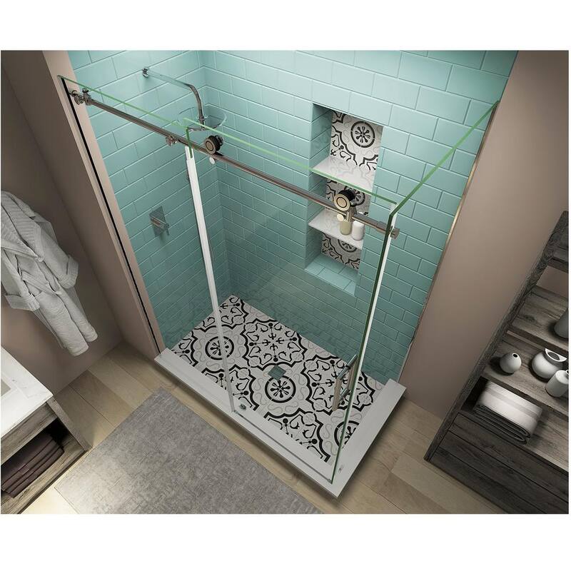 48 in. - 52 in. x 32 in. x 80 in. Frameless Corner Sliding Shower Enclosure Clear Glass in Polished Chrome Right