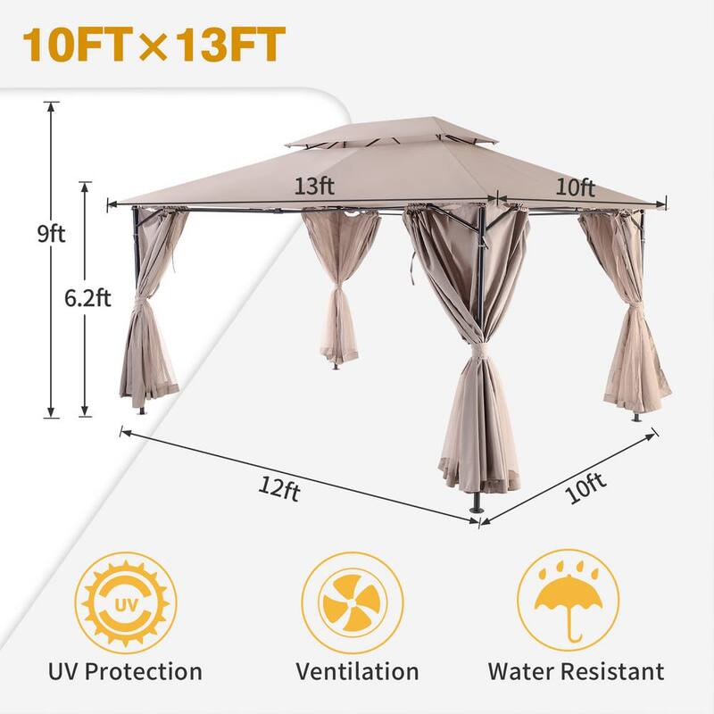 10 ft. x 13 ft. Iron Outdoor Double Roof Tops Gazebo with Mosquito Netting and Removable Curtains for Garden Khaki