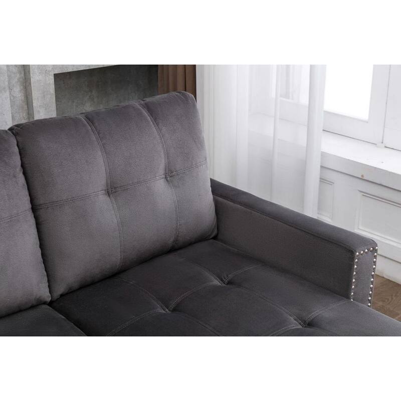 77 in. W Square Arm 2-Piece Dark Gray Velvet L Shaped Tufted Reversible Sectional Sofa w/Storage and Silver Nails