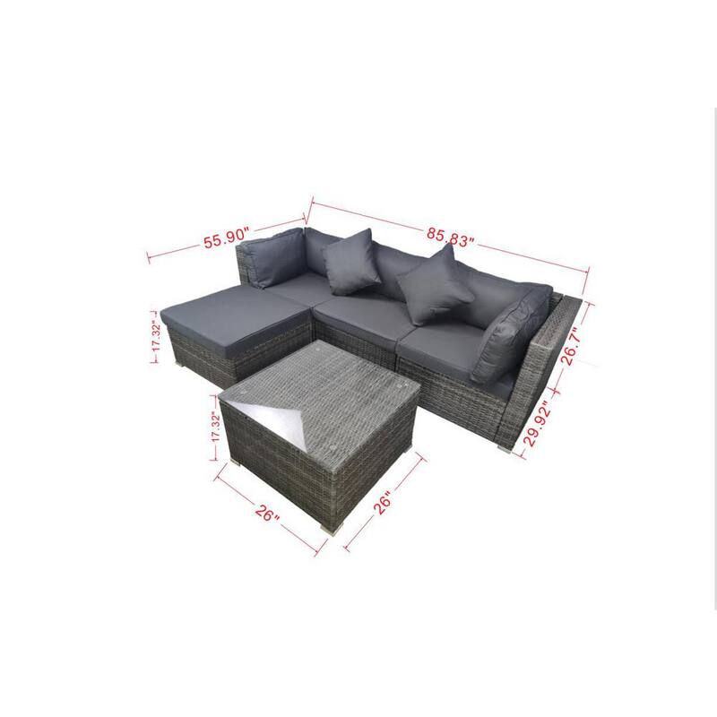 5-Piece Wicker Patio Conversation Set with Gray Cushions and Throw Pillows