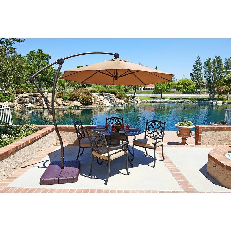 9 ft. Bronze Aluminum Cantilever Patio Umbrella with Crank Open 360 Rotation in Linen Sesame Sunbrella