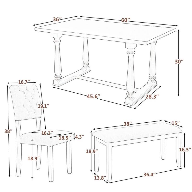 6-Piece Wood Dining Table and Chair Set with Special-Shaped Legs and Foam-Covered Seat Backs and Cushions