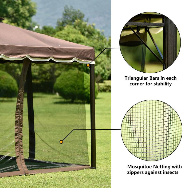 9.8 ft. x 8.8 ft. Brown Patio Gazebo Outdoor Steel Vented Dome Top with Netting for Backyard Poolside and Deck