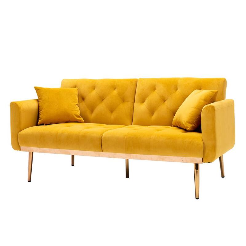 63.7 in Wide Mustard Yellow Velvet Upholstered 2-Seater Convertible Sofa Bed with Golden Metal Legs