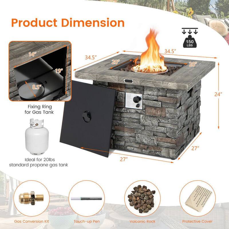 34.5 in. Square Propane Gas Fire Pit Table Faux Stone w/Lava Rock PVC Cover