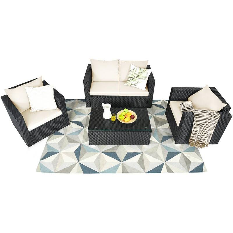 4-Piece Rattan Patio Conversation Set Outdoor Furniture Set w/Off White Cushions