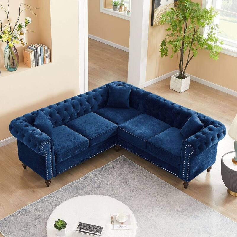 80 in. Rolled Arm Velvet Tufted L Shaped Sofa in Blue with Nailhead Trim and Removable Cushions