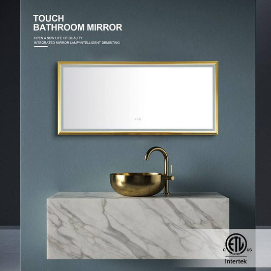 48 in. W x 30 in. H Large Rectangular Framed Dimmable Wall Bathroom Vanity Mirror in Brushed Gold