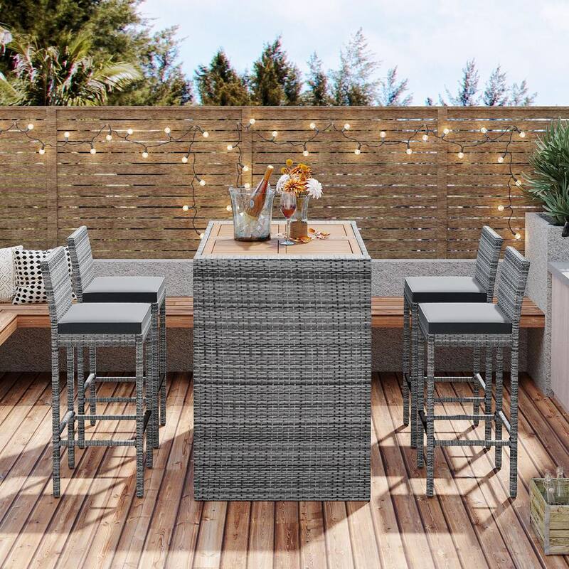 5-Piece Wicker Outdoor Dining Set with Gray Cushions and Acacia Wood Table Top