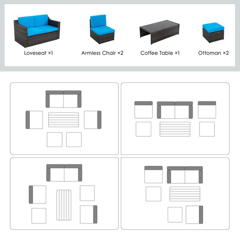 6-Piece Rattan Patio Sectional Sofa with Grey/Blue Cushions