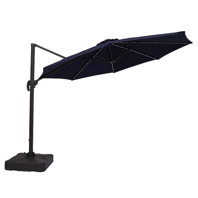 11 ft. Solar LED Outdoor Market Cantilever Patio Umbrella in Blue with Crank and Base