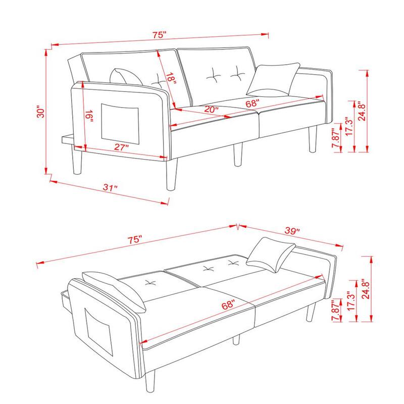 75 in. Gray Polyester Twin Side Sofa Bed