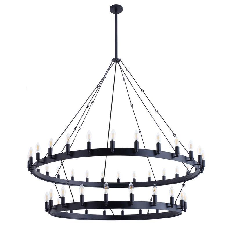 55.1 in. 48-Light Farmhouse Black 2-Tier Wagon Wheel Candle Chandelier Round Industrial Pendant Lighting