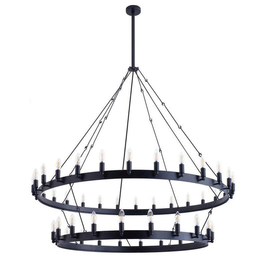 55.1 in. 48-Light Farmhouse Black 2-Tier Wagon Wheel Candle Chandelier Round Industrial Pendant Lighting