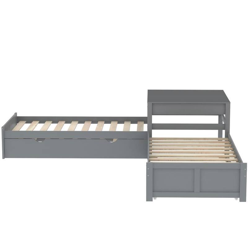 117.3 in.Twin Size L-shaped Platform Bed with 2-Trundles and Built-in Square Table - Gray