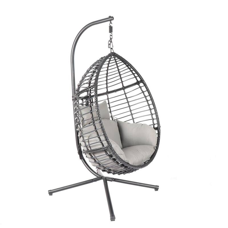 37.4 in. x 37.4 in. x 76.77 in. 300 lbs. Capacity Black Outdoor Egg Swing Chair with Stand with Gray Cushion Gray