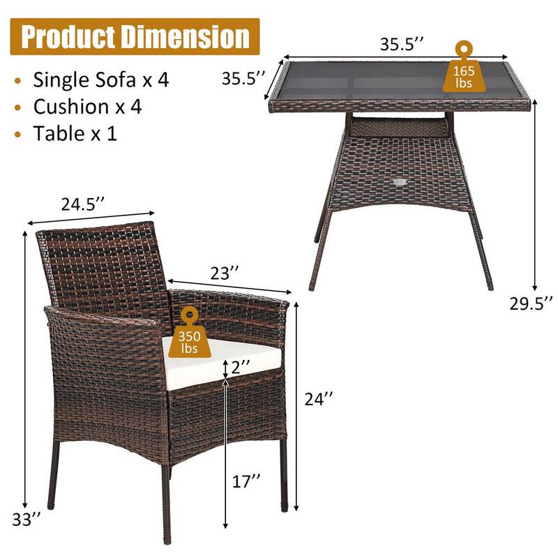 5 Piece Wicker Square Outdoor Dining Set Patio Conversation Set Chair Glass Table with White Cushions