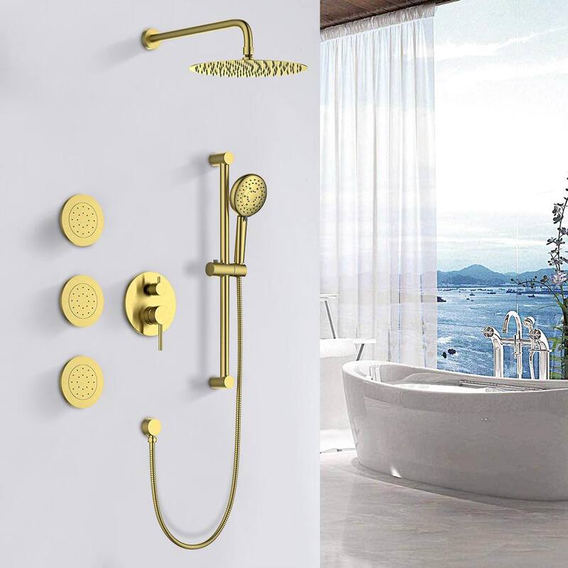 3-Spray Square High Pressure Deluxe Wall Bar Shower Kit with Slide Bar and 3-Body Spray in Gold