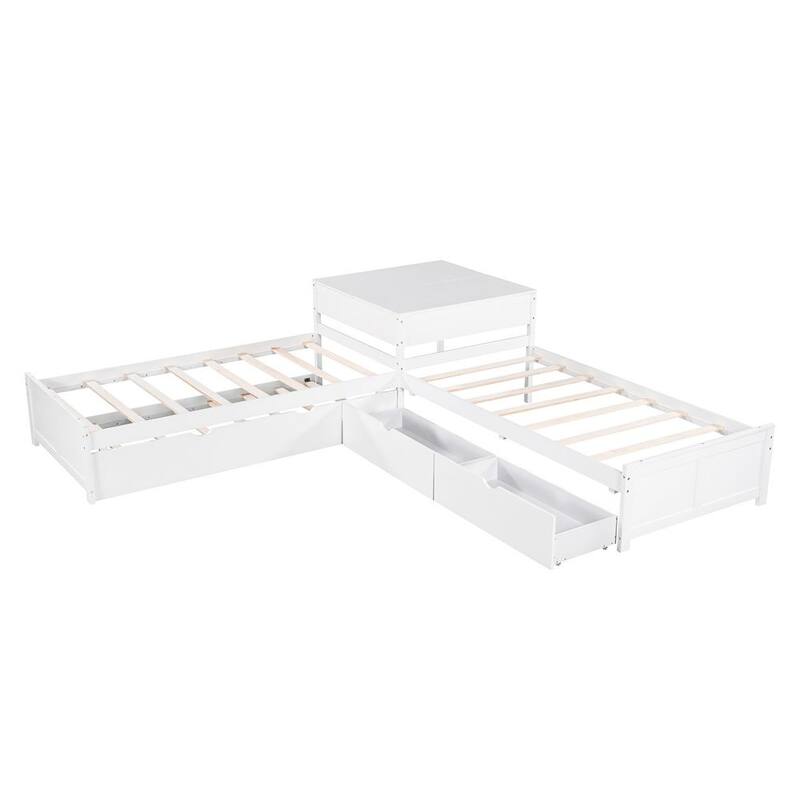 117.60 in. W White Twin L-Shaped Platform Bed with Trundle and Drawers Linked with Built-in Desk