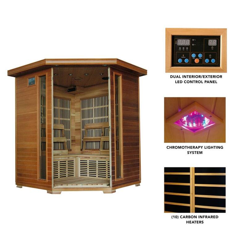 4-Person Cedar Corner Infrared Sauna with 10 Carbon Heaters