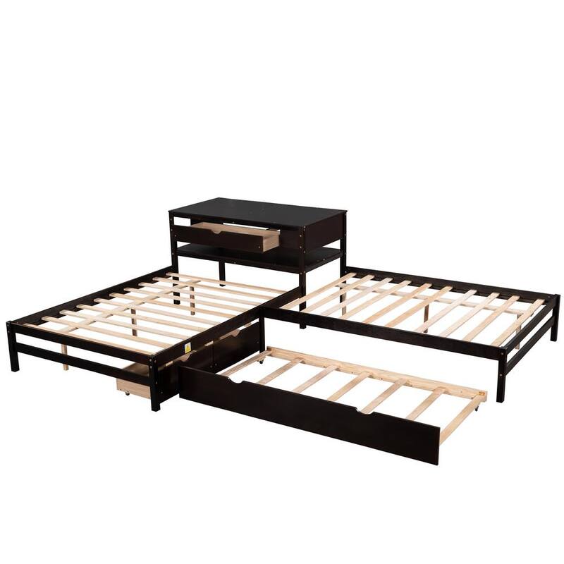 134.90 in. W Espresso Full Size L-shaped Platform Beds with Twin Size Trundle and Drawers