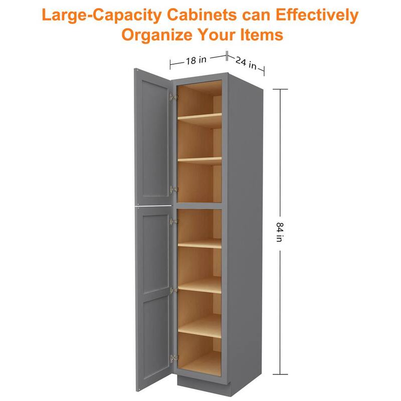 18 in. W x 24 in. D x 84 in. H in Shaker Grey Plywood Ready to Assemble Floor Wall Pantry Kitchen Cabinet