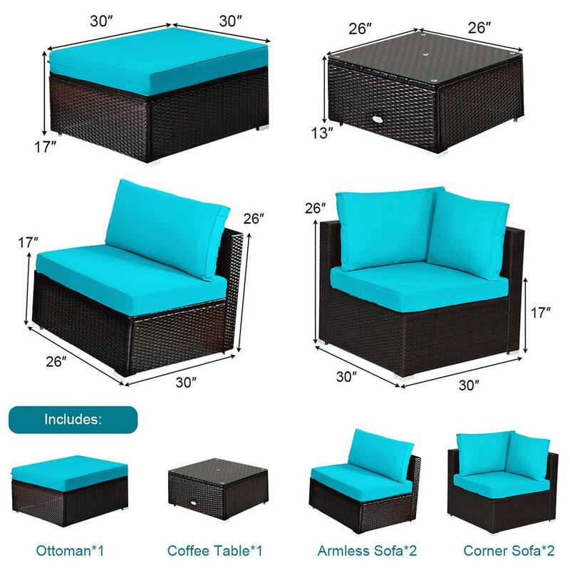 6-Piece Rattan Outdoor Patio Furniture Set with Turquoise Cushions