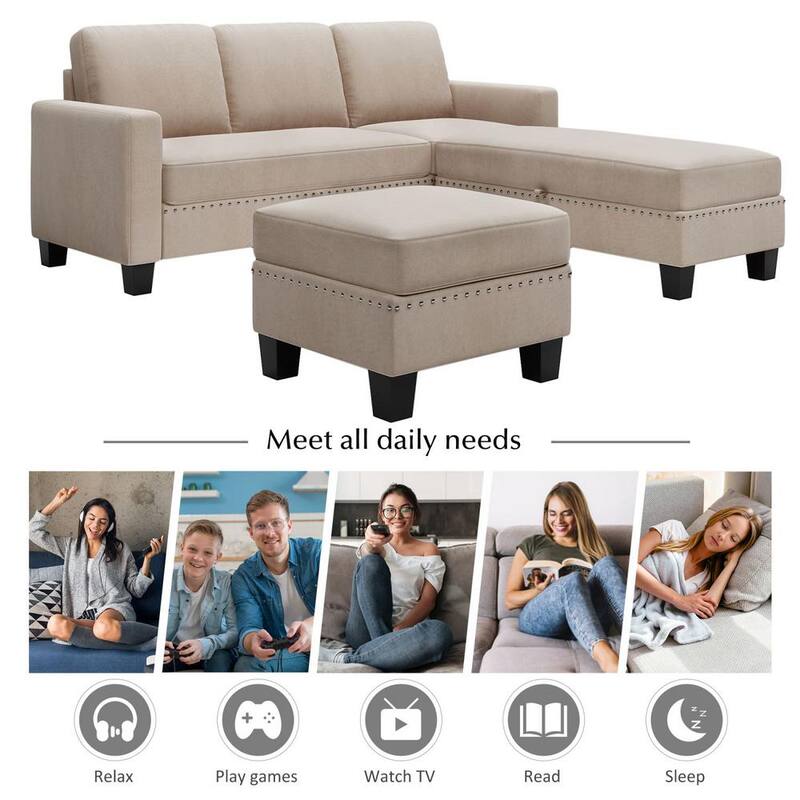 81 in. W Square Arm 3-Piece Fabric Sectional Sofa in Gray with Armrests Chaise Nailhead Ottoman Removable Cushions