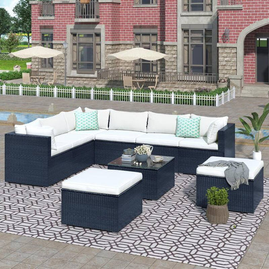 9-Piece Black Wicker Rattan Patio Conversation Sectional Seating Set with Beige Cushions and Coffee Table