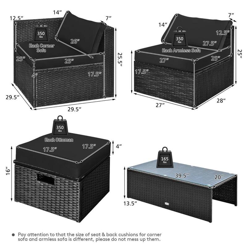 8-Piece Wicker Patio Conversation Set Storage Table Ottoman with Black Cushions