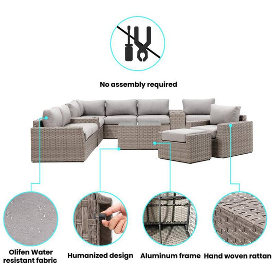 12-Piece PE Wicker No Assembly Required with Multi-Function Design Outdoor Conversation Set with Gray Cushions